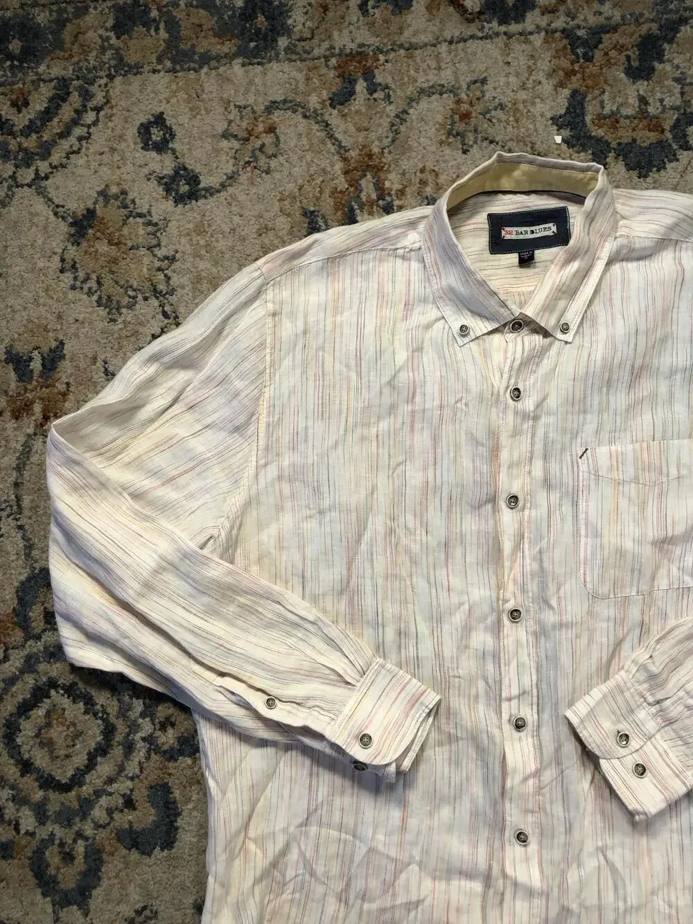 32 Bar Blues Shirt Mens XL White Stripe Long Sleeve Button Up Casual Lightweight